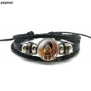 Ancient Egypt Leather Bracelet Egyptian Goddess Glass Dome Black Leather Bracelet Multilayer Braided Bangle Fashion Jewelry Gift