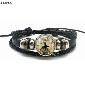 Ancient Egypt Leather Bracelet Egyptian Goddess Glass Dome Black Leather Bracelet Multilayer Braided Bangle Fashion Jewelry Gift