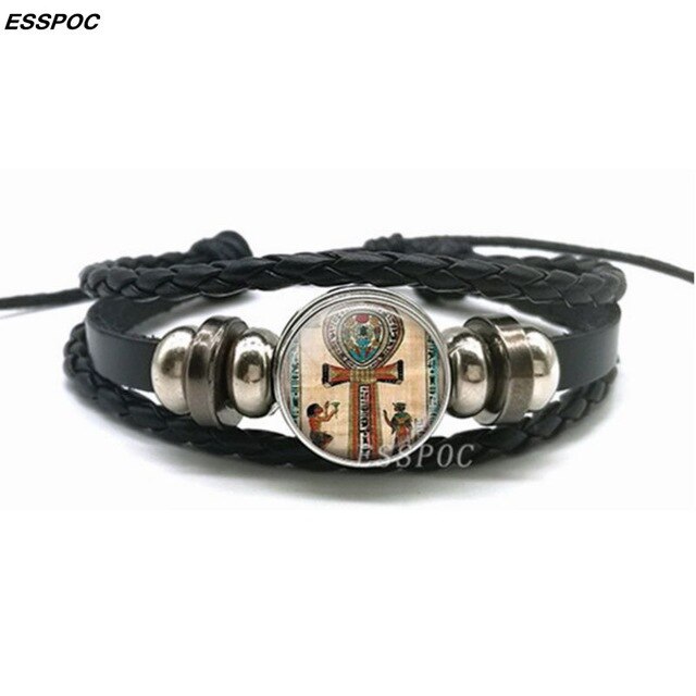 Ancient Egypt Leather Bracelet Egyptian Goddess Glass Dome Black Leather Bracelet Multilayer Braided Bangle Fashion Jewelry Gift