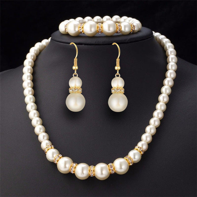 African Beads Jewelry Set Simulated-Pearl Necklace Bracelet Earrings Women Jewelry Sets Inlay CZ Bride Set Wholesale Free Gifts