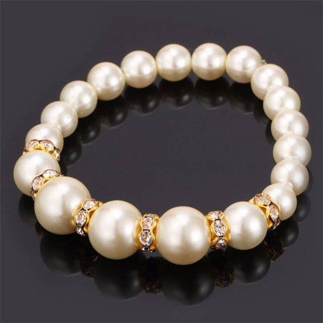 African Beads Jewelry Set Simulated-Pearl Necklace Bracelet Earrings Women Jewelry Sets Inlay CZ Bride Set Wholesale Free Gifts