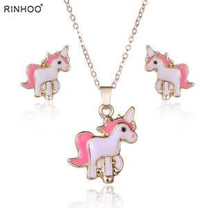 Hot Sale Pink Animal Jewelry Set Chain Kids Jewelry Cartoon Horse Unicorn Necklace Earring Unicorn Sets For Girls Best Gifts