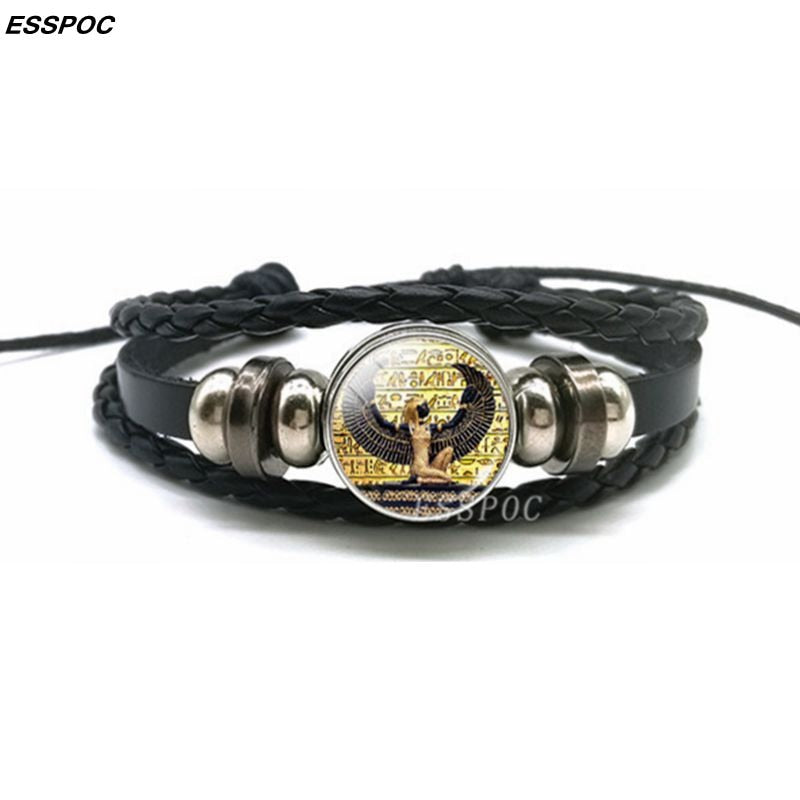 Ancient Egypt Leather Bracelet Egyptian Goddess Glass Dome Black Leather Bracelet Multilayer Braided Bangle Fashion Jewelry Gift