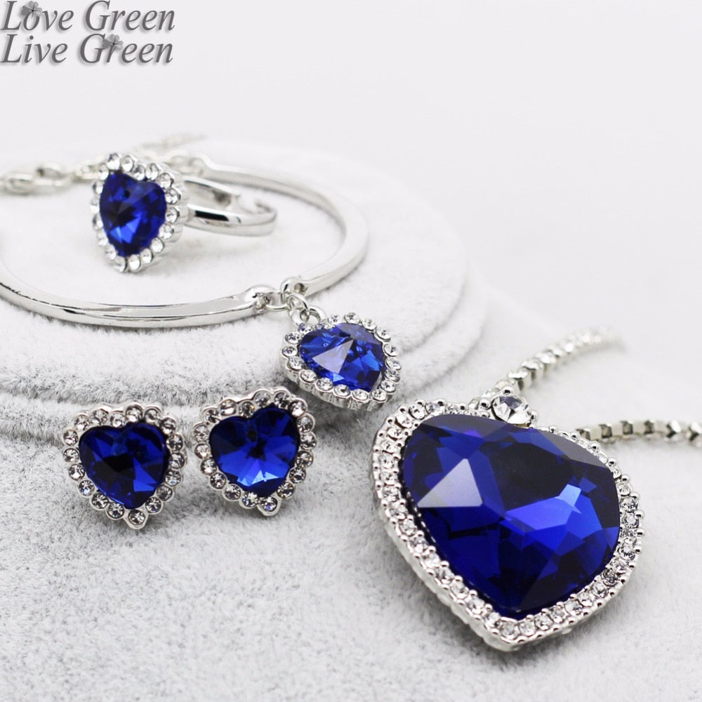 fashion Necklace Earrings darkblue Austrian Crystal rhinestones ocean blue heart Pendant women Jewelry sets k148