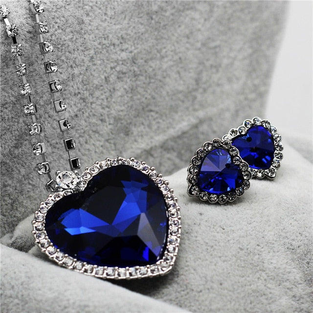 fashion Necklace Earrings darkblue Austrian Crystal rhinestones ocean blue heart Pendant women Jewelry sets k148