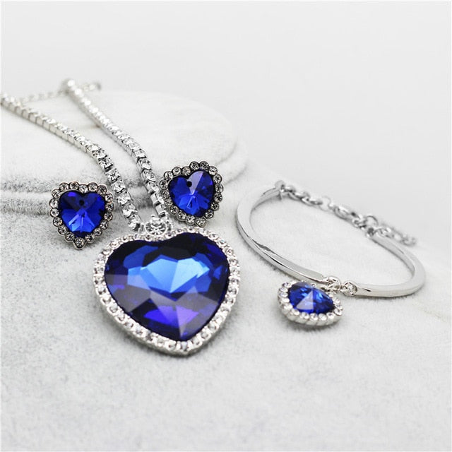 fashion Necklace Earrings darkblue Austrian Crystal rhinestones ocean blue heart Pendant women Jewelry sets k148