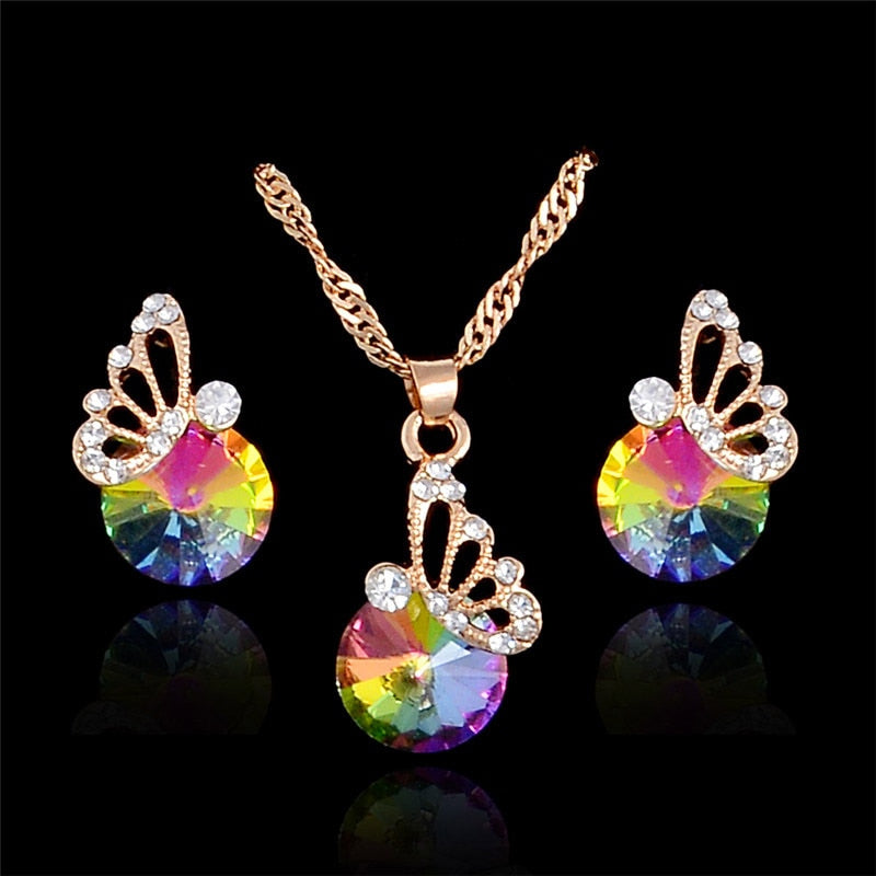 MISANANRYNE Jewelry Sets For Women Colorful Austrian Crystal Butterfly Pendant Necklace Earrings Wedding Jewelry sets