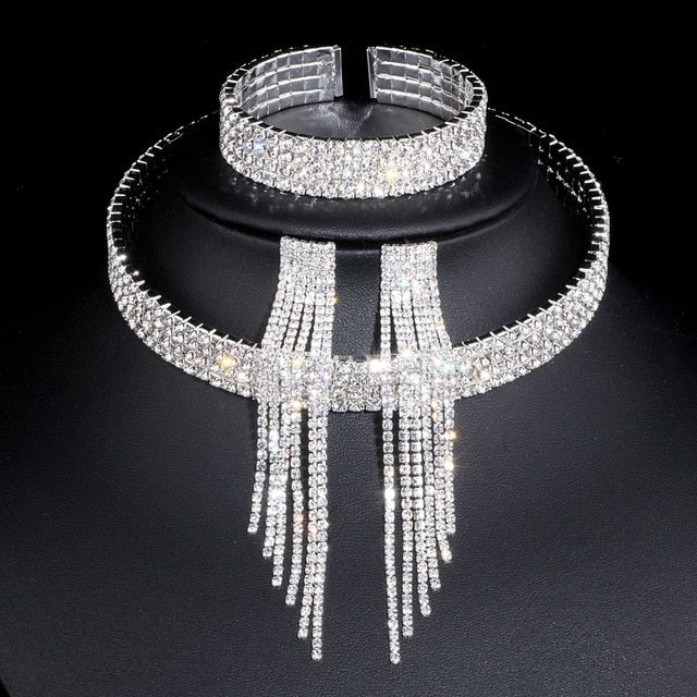 Classic Elegant Silver Color Tassel Crystal Bridal Jewelry Sets African Rhinestone Wedding Necklace Earrings Bracelet Sets WX081