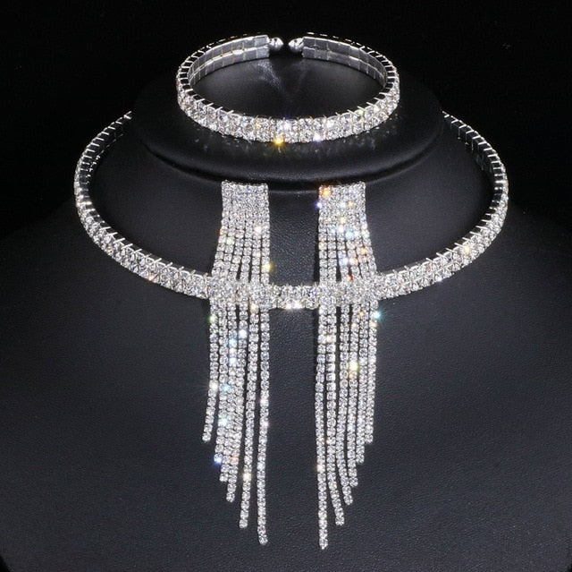 Classic Elegant Silver Color Tassel Crystal Bridal Jewelry Sets African Rhinestone Wedding Necklace Earrings Bracelet Sets WX081