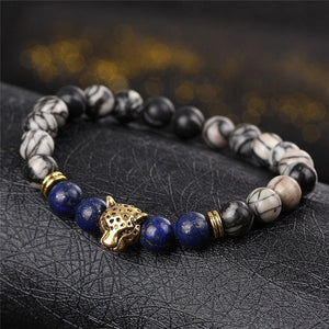 DUOVEI Weathering Stone Leopard Head Beaded Bracelet For Men 2018 New Fashion Natural Stone Tiger Eye Onyx Lava Beads Bracelets