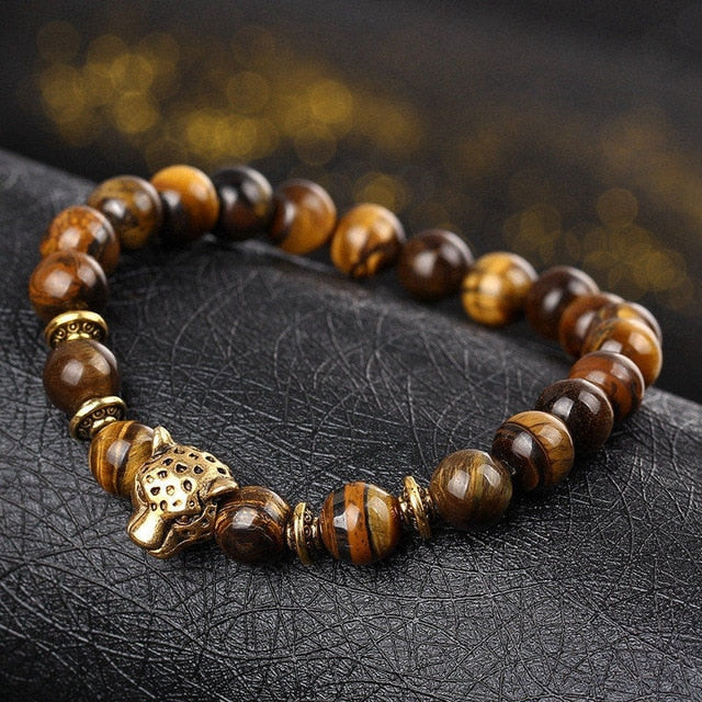 DUOVEI Weathering Stone Leopard Head Beaded Bracelet For Men 2018 New Fashion Natural Stone Tiger Eye Onyx Lava Beads Bracelets