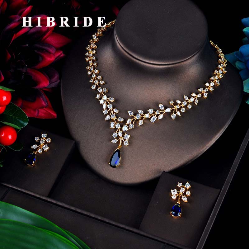 HIBRIDE Charm Blue Water Drop Dubai Jewelry Sets Gold Color Wedding Necklace Earrings Sets Bijoux bijoux mariage N-592