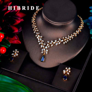 HIBRIDE Charm Blue Water Drop Dubai Jewelry Sets Gold Color Wedding Necklace Earrings Sets Bijoux bijoux mariage N-592