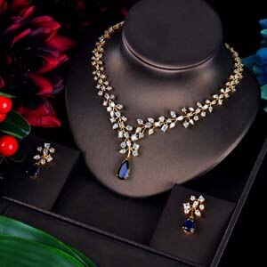 HIBRIDE Charm Blue Water Drop Dubai Jewelry Sets Gold Color Wedding Necklace Earrings Sets Bijoux bijoux mariage N-592