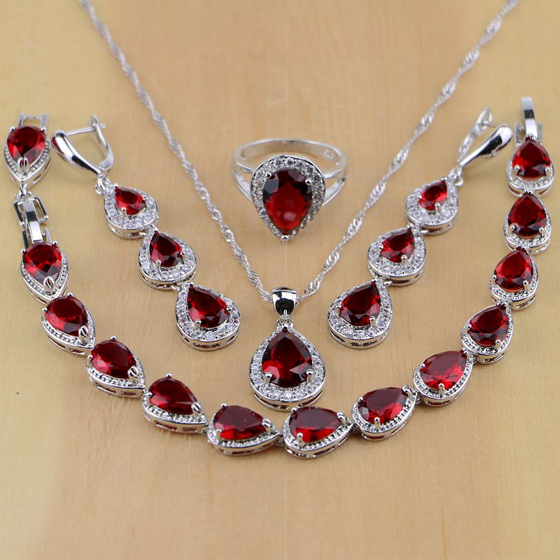 Water Drop 925 Sterling Silver Jewelry Red Cubic Zirconia White CZ Jewelry Sets Women Earrings/Pendant/Necklace/Rings/Bracelet