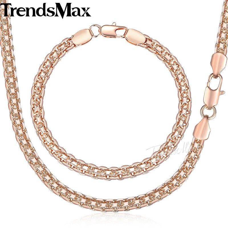 Trendsmax 5mm Jewelry Set Necklace Bracelet for Women Men 585 Rose Gold Weaving Bismark Link Fashion Jewelry 2018 Gift KGS275