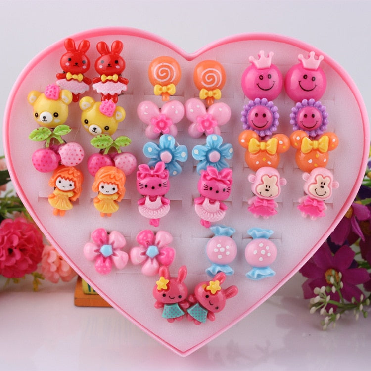 5pcs/lot Mixed Styles Lot ovely Cartoon Children Jewelry Baby Girl Earrings Kids Ear Clip On Pierced Alloy Painless Earrings