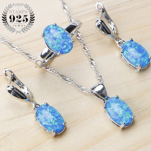 925 Sterling Silver Opal Stone Wedding Bridal Jewelry Sets Earrings For Women Costume Jewelry Pendant Necklace Ring Set Gift Box