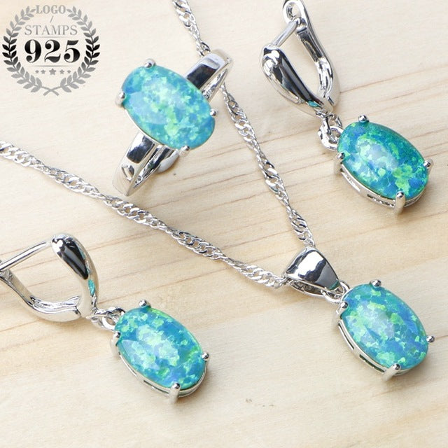 925 Sterling Silver Opal Stone Wedding Bridal Jewelry Sets Earrings For Women Costume Jewelry Pendant Necklace Ring Set Gift Box