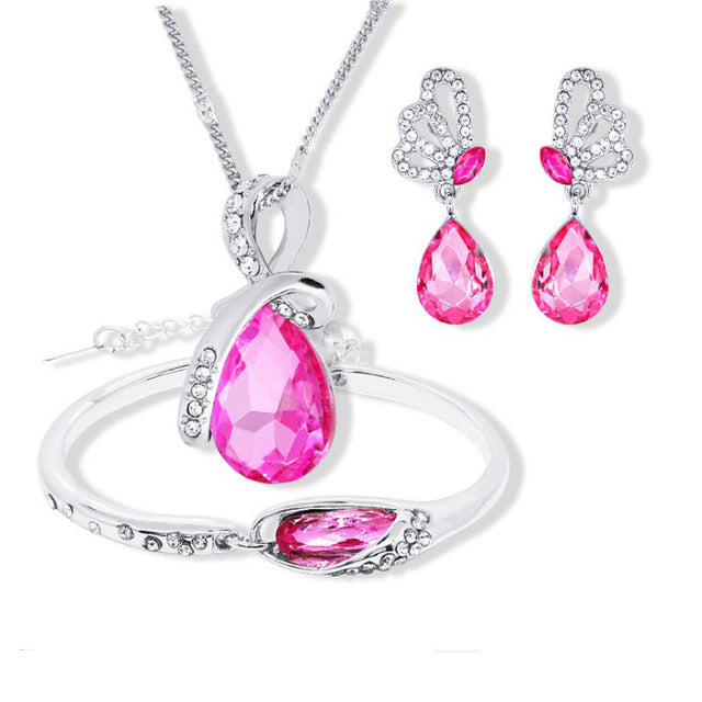 2018 New Wholesale Austrian Crystal Jewelry Sets Water Drop Pendant Necklace Stud Earring Bracelet Silver Plated Jewellery Women