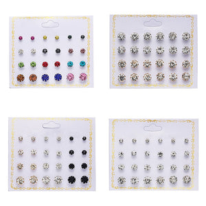 Fashion 12 pair/set Women Round Crystal Stud Earrings for Women Cubic Zircon Piercing Earrings for Girls Jewelry Gift