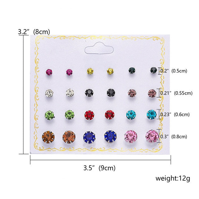 Fashion 12 pair/set Women Round Crystal Stud Earrings for Women Cubic Zircon Piercing Earrings for Girls Jewelry Gift