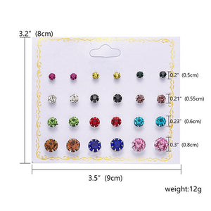 Fashion 12 pair/set Women Round Crystal Stud Earrings for Women Cubic Zircon Piercing Earrings for Girls Jewelry Gift