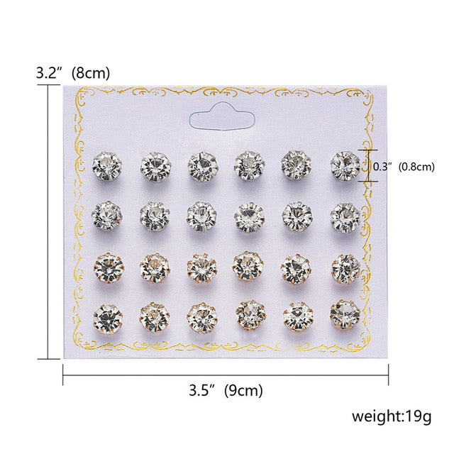 Fashion 12 pair/set Women Round Crystal Stud Earrings for Women Cubic Zircon Piercing Earrings for Girls Jewelry Gift