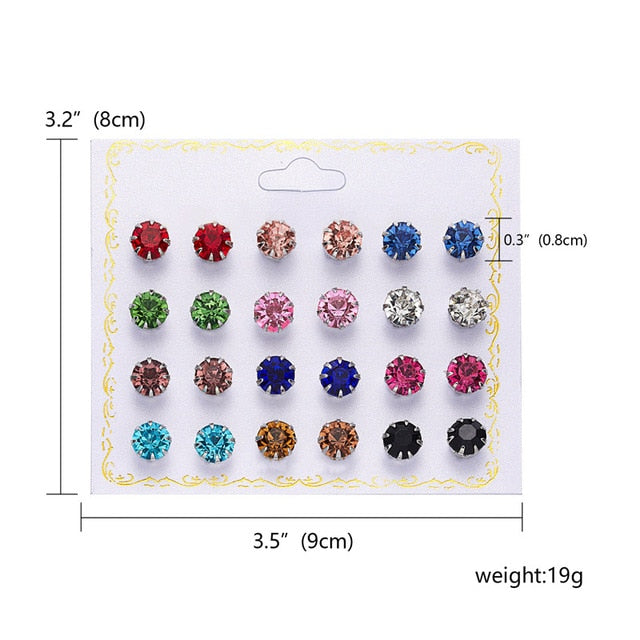 Fashion 12 pair/set Women Round Crystal Stud Earrings for Women Cubic Zircon Piercing Earrings for Girls Jewelry Gift