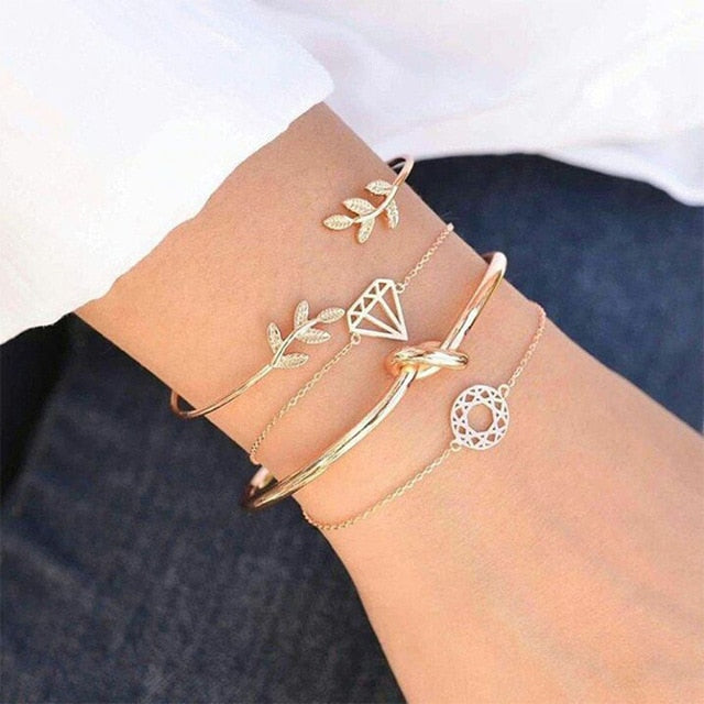 4 pcs/set Fashion Bohemia Leaf Round Knot cuff Bangle Gold Chain Charm Bracelet Bangle for Women Simple Geometric Bracelets