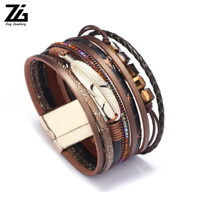 ZG Vintage Feather Beads Leather Bracelets For Women Bohemia Wrap Multiple Layers Leaf Charm Bracelet & Bangles Jewelry Gifts