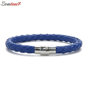 LOULEUR New Colorful Red Blue Leather Bracelet for Men Women Braided Stainless Steel Leather Male Bracelets Bangles Men Jewelry