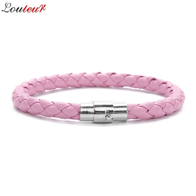 LOULEUR New Colorful Red Blue Leather Bracelet for Men Women Braided Stainless Steel Leather Male Bracelets Bangles Men Jewelry