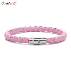 LOULEUR New Colorful Red Blue Leather Bracelet for Men Women Braided Stainless Steel Leather Male Bracelets Bangles Men Jewelry