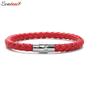 LOULEUR New Colorful Red Blue Leather Bracelet for Men Women Braided Stainless Steel Leather Male Bracelets Bangles Men Jewelry