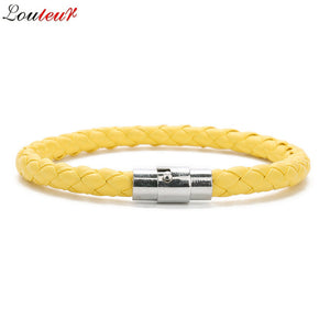 LOULEUR New Colorful Red Blue Leather Bracelet for Men Women Braided Stainless Steel Leather Male Bracelets Bangles Men Jewelry