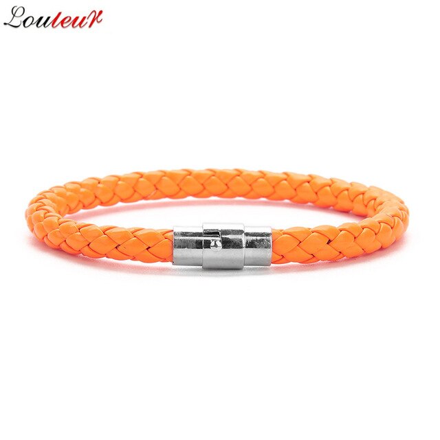 LOULEUR New Colorful Red Blue Leather Bracelet for Men Women Braided Stainless Steel Leather Male Bracelets Bangles Men Jewelry