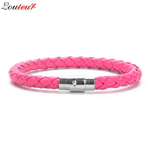 LOULEUR New Colorful Red Blue Leather Bracelet for Men Women Braided Stainless Steel Leather Male Bracelets Bangles Men Jewelry