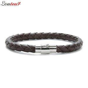 LOULEUR New Colorful Red Blue Leather Bracelet for Men Women Braided Stainless Steel Leather Male Bracelets Bangles Men Jewelry