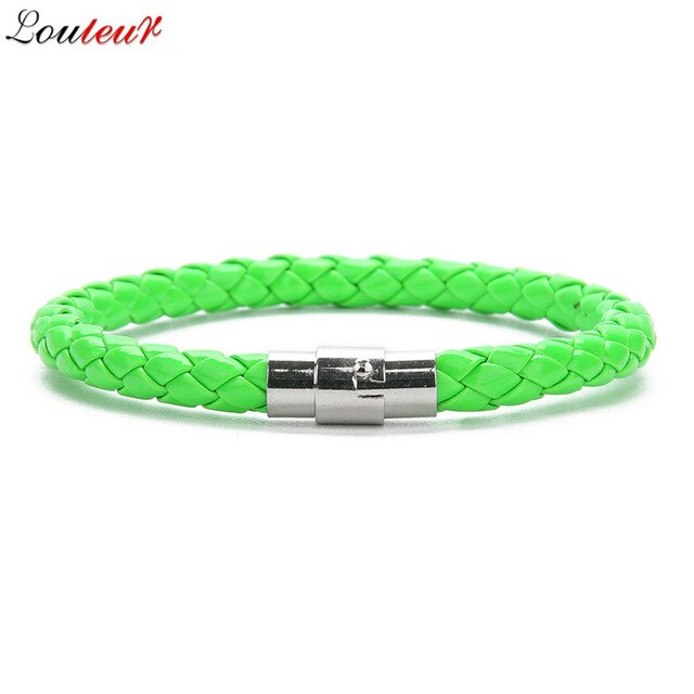 LOULEUR New Colorful Red Blue Leather Bracelet for Men Women Braided Stainless Steel Leather Male Bracelets Bangles Men Jewelry