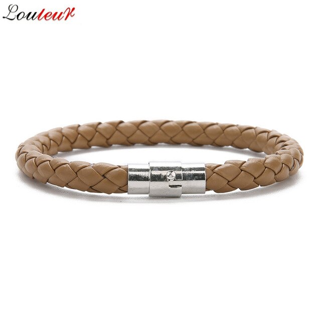 LOULEUR New Colorful Red Blue Leather Bracelet for Men Women Braided Stainless Steel Leather Male Bracelets Bangles Men Jewelry