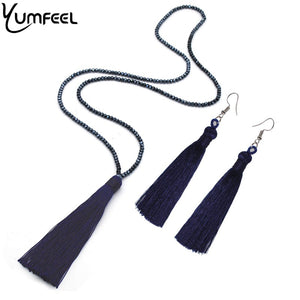 Yumfeel New Tassel Necklaces Earrings Jewelry Set Long Faceted Glass Beads Crystal Necklace Tassel Earrings Set Women Gifts