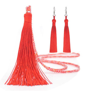 Yumfeel New Tassel Necklaces Earrings Jewelry Set Long Faceted Glass Beads Crystal Necklace Tassel Earrings Set Women Gifts