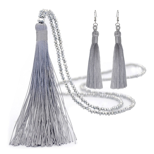 Yumfeel New Tassel Necklaces Earrings Jewelry Set Long Faceted Glass Beads Crystal Necklace Tassel Earrings Set Women Gifts