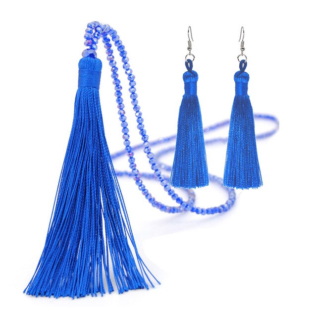 Yumfeel New Tassel Necklaces Earrings Jewelry Set Long Faceted Glass Beads Crystal Necklace Tassel Earrings Set Women Gifts