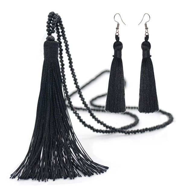 Yumfeel New Tassel Necklaces Earrings Jewelry Set Long Faceted Glass Beads Crystal Necklace Tassel Earrings Set Women Gifts