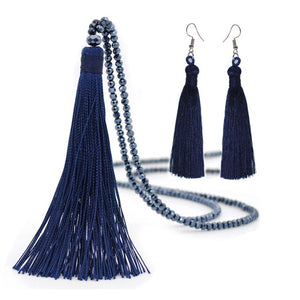 Yumfeel New Tassel Necklaces Earrings Jewelry Set Long Faceted Glass Beads Crystal Necklace Tassel Earrings Set Women Gifts