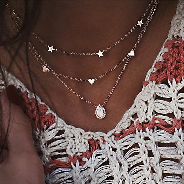 Bohemian Multilayer Pendant Necklace for Women Fashion, Geometric Charm Chain Necklace Wholesale Jewelry