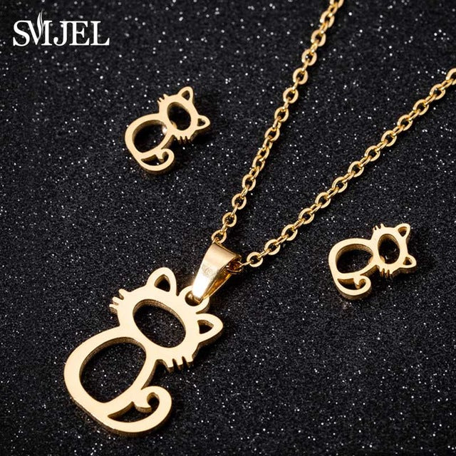 SMJEL Stainless Steel Mickey Necklace Women Jewelry Sets Bijoux Animal Butterfly Necklaces Pendants Cute Earrings Kids Gifts