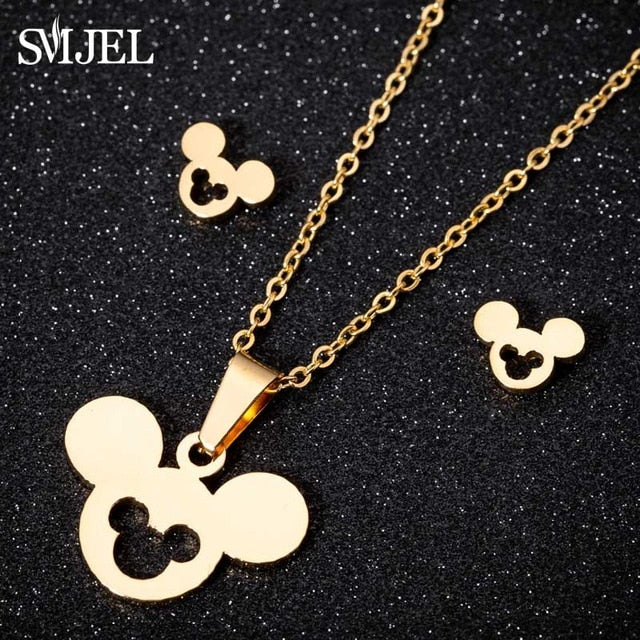 SMJEL Stainless Steel Mickey Necklace Women Jewelry Sets Bijoux Animal Butterfly Necklaces Pendants Cute Earrings Kids Gifts